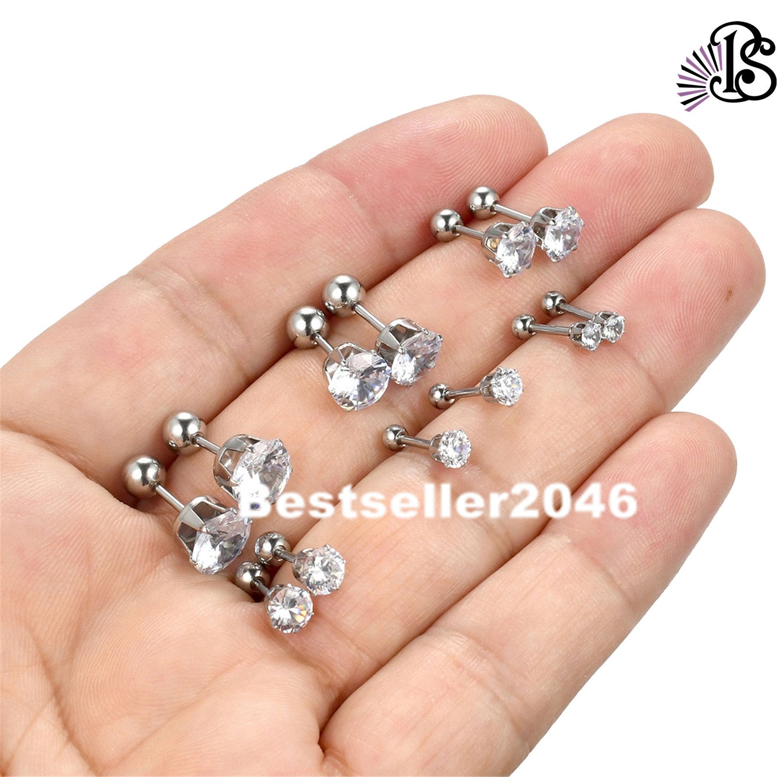 6 Pairs Stainless Steel Round Cubic Zirconia Stud Earrings Set for Men Women