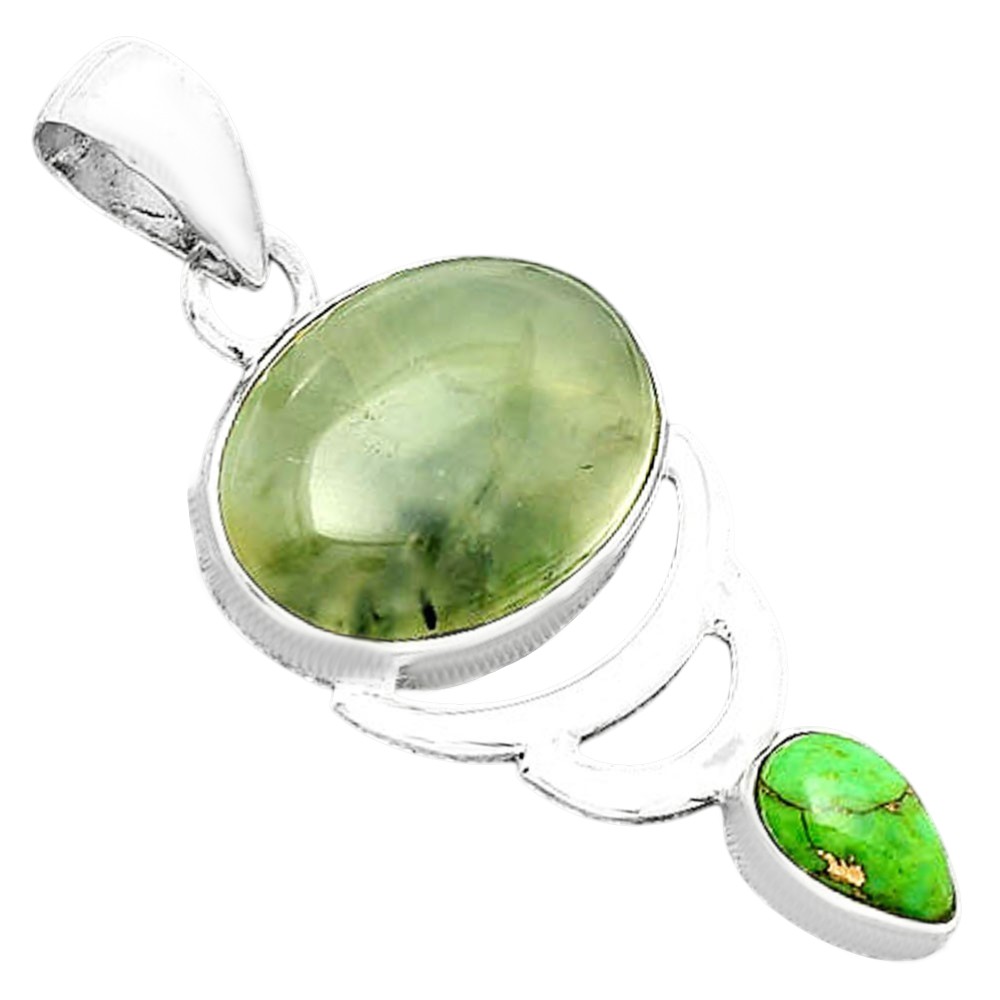 Prehnite & Copper Green Turquoise 925 Sterling Silver Pendant Jewelry P-1693