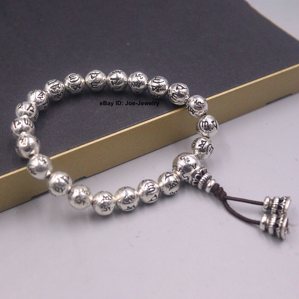 Real 999 Fine Silver Bracelet 8mm Sutra Bead Bracelet Fit Wrist 6.3inch