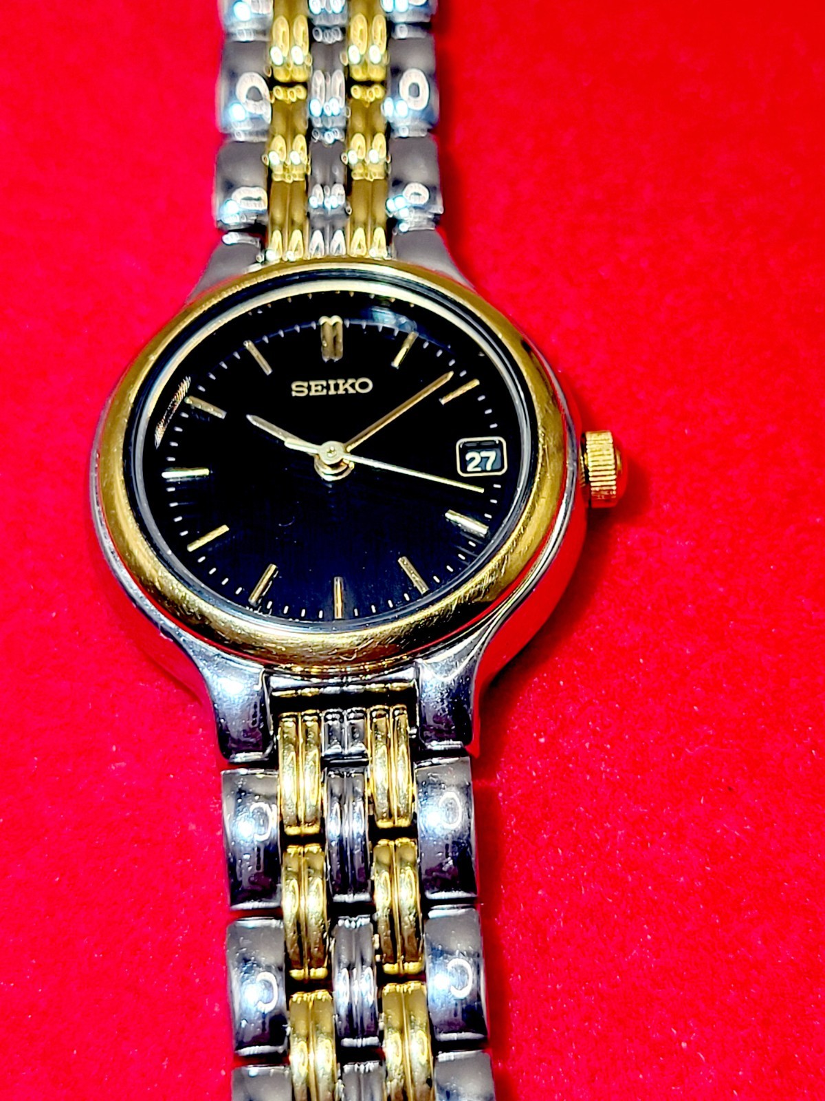 Seiko Watch Women 23mm Black Dial 1995 Two Tone Date Round 7N82-0228 New Battery