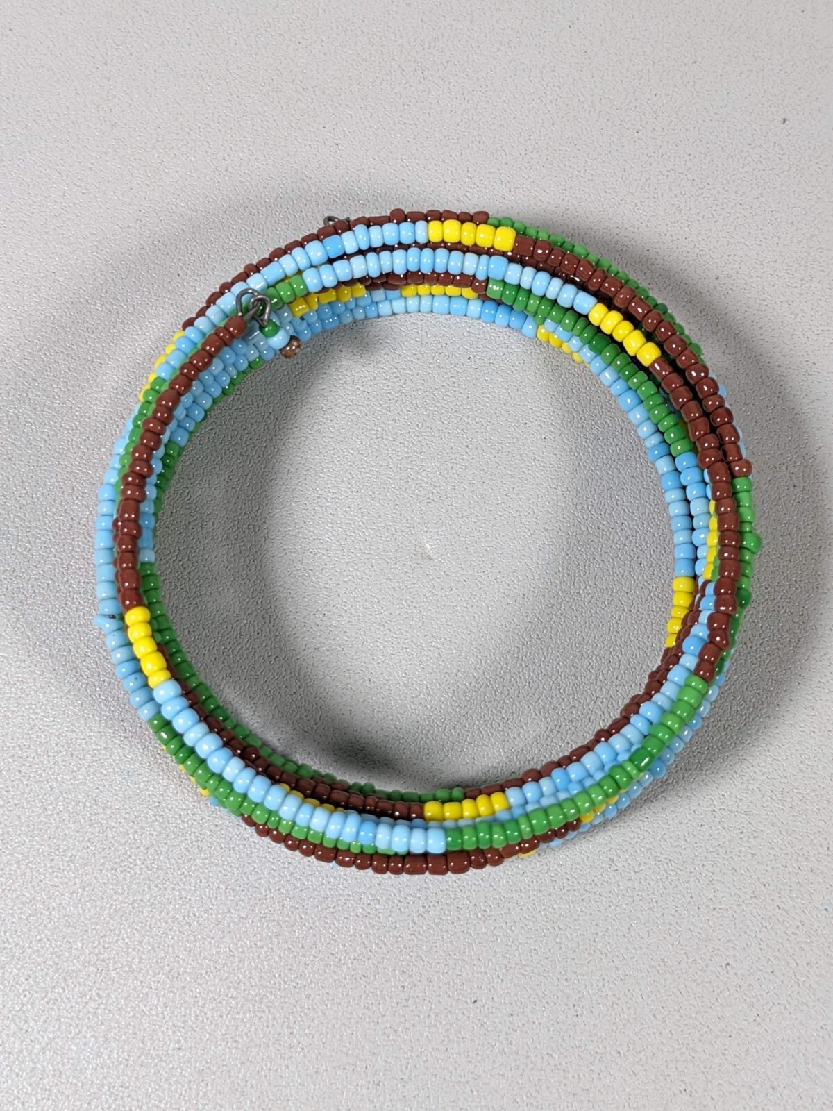 Blue Green Brown Yellow Glass Seed Bead Memory Wire Wrap Bracelet 7.5 inch
