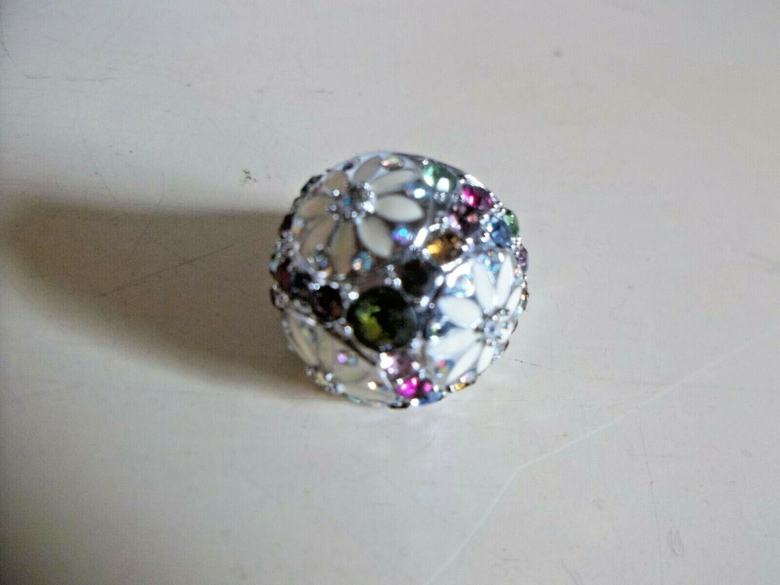Floral Mound Crystals Enamelware Sterling Silver Woman’s Size 7 Statement Ring