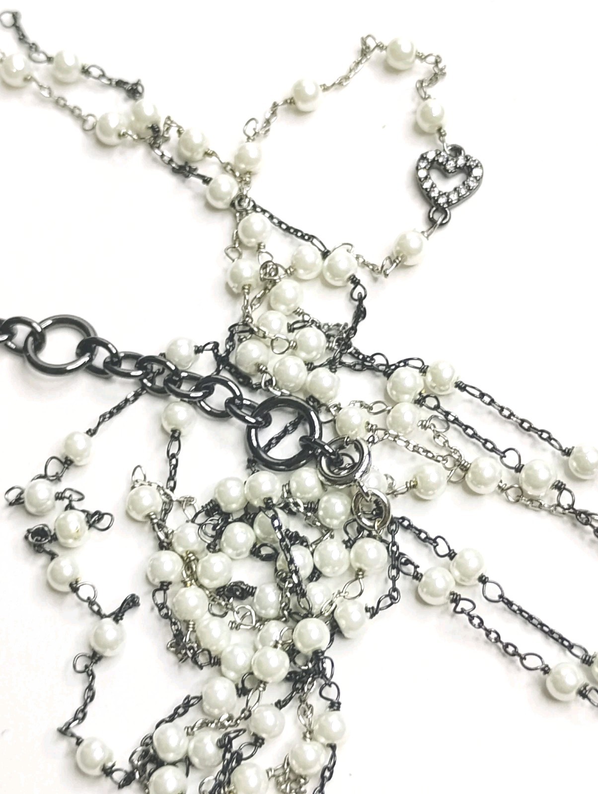 Signed CABI Faux Pearl & Rhinestone Heart Necklace