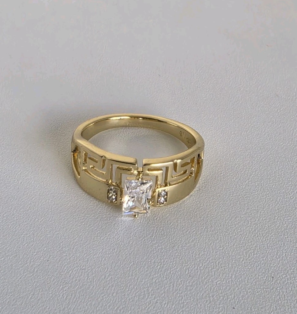 Gold Plated 14K Tone Greek Key CZ Ring Princess Cut Size 7 Statement Band