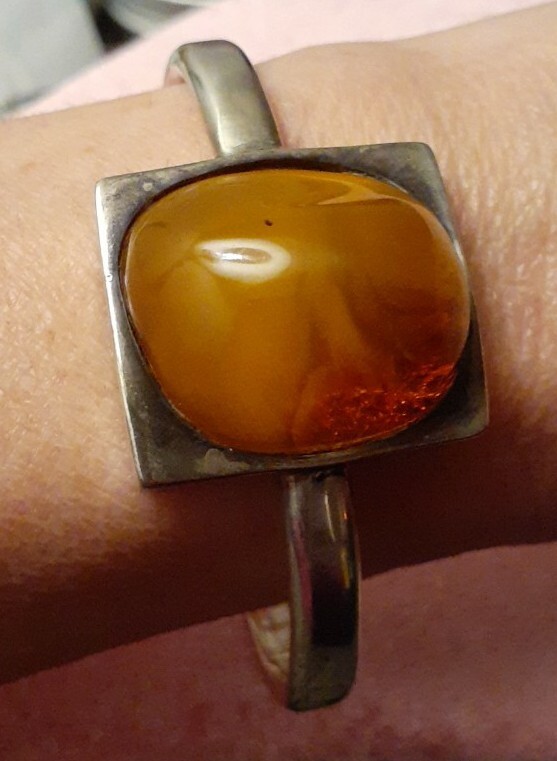 Vintage Sterling Silver Polish Honey Amber Cuff Bracelet Size Large