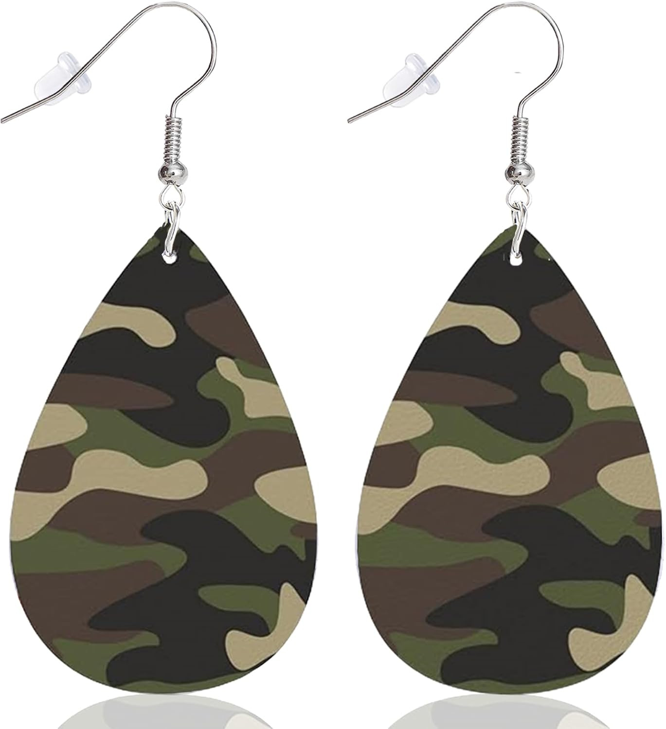 Camoflage Army Green Teardrop Drop Leather Earrings for Women | Trendy Military