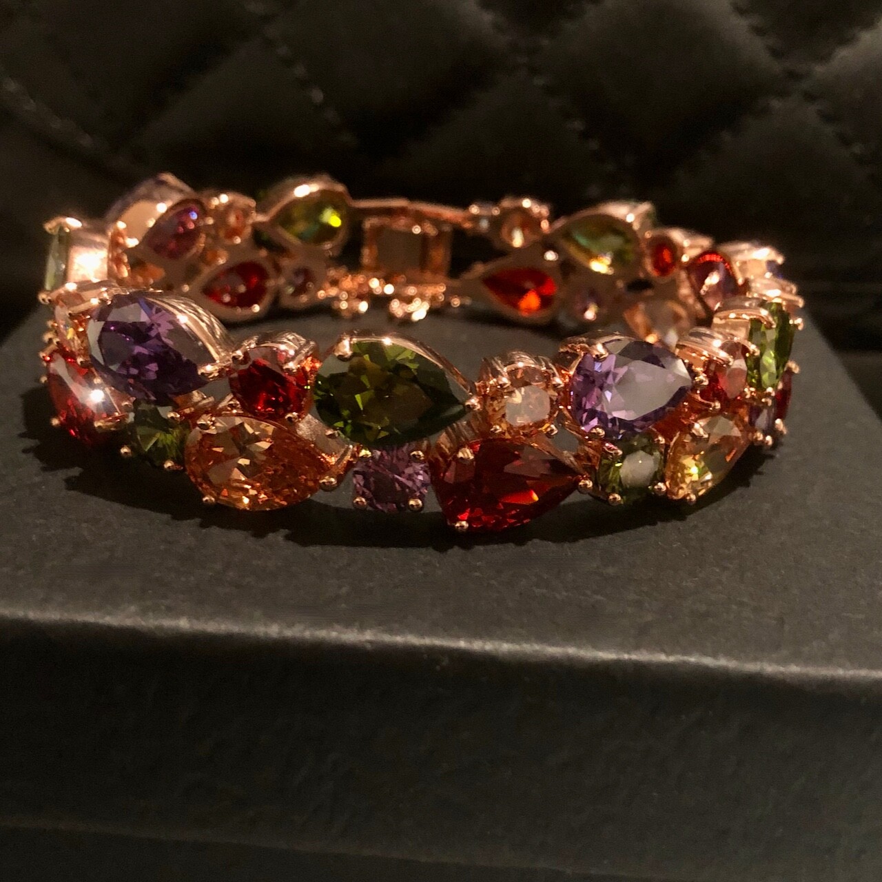 18k Rose Gold Filled Multicolor Tennis Bracelet made w Swarovski Crystal 6.5”