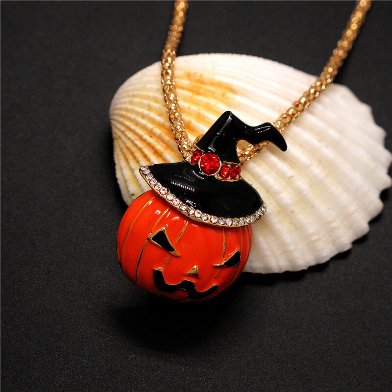 New Enamel Orange Halloween Hat Pumpkin Crystal Fashion Women Pendant Necklace