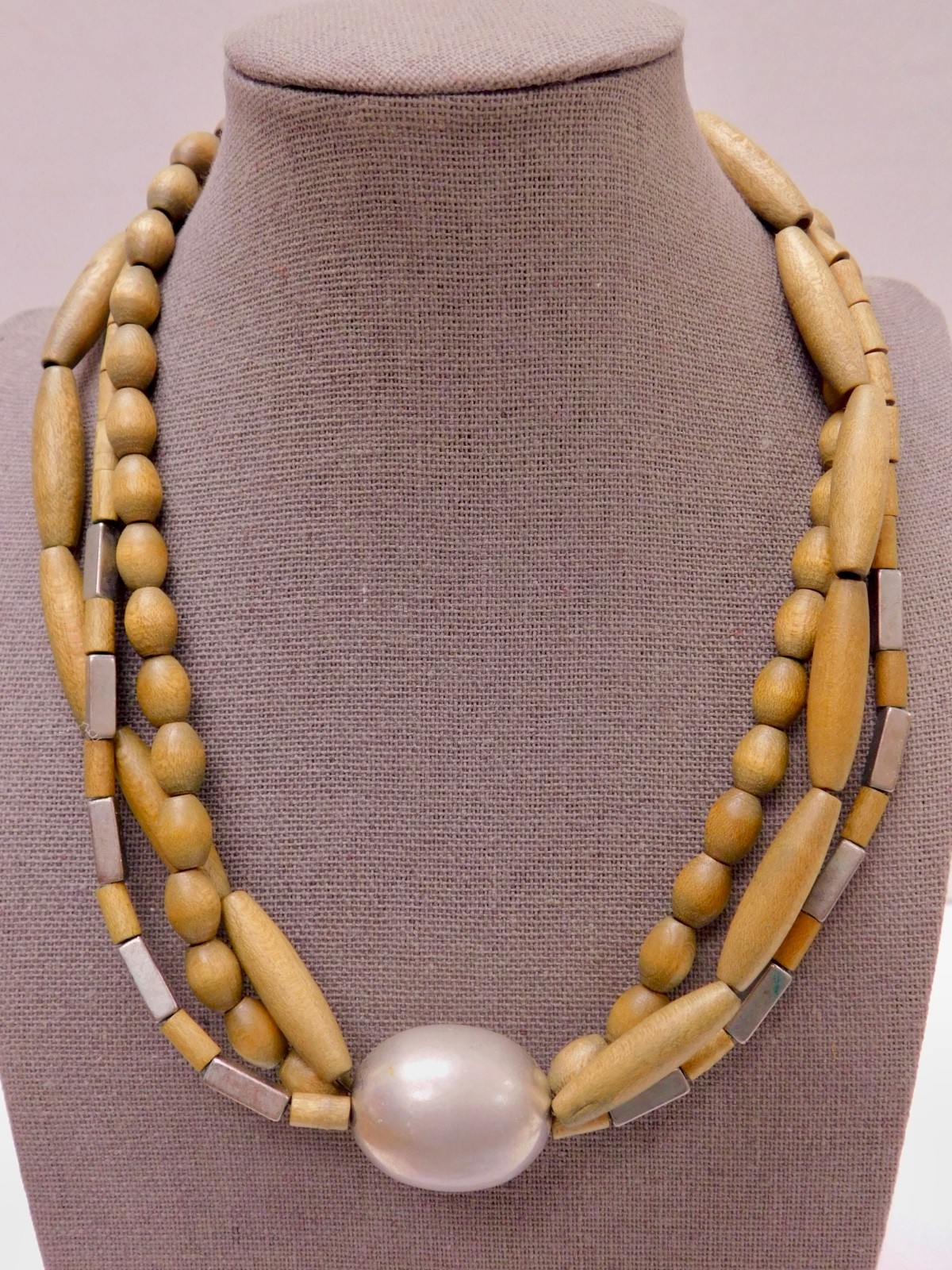 Aarikka Finland Wood Metal Triple Strand Bead Necklace Earth Tones