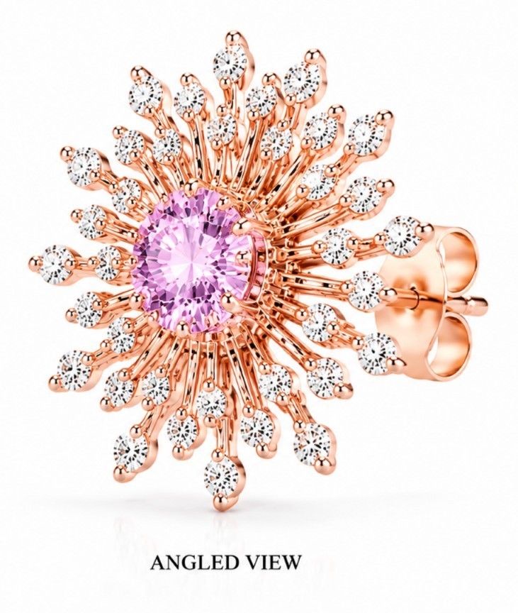 925 Sterling Silver Rose De France Pink Amethyst Moissanite Sunburst StudEarring