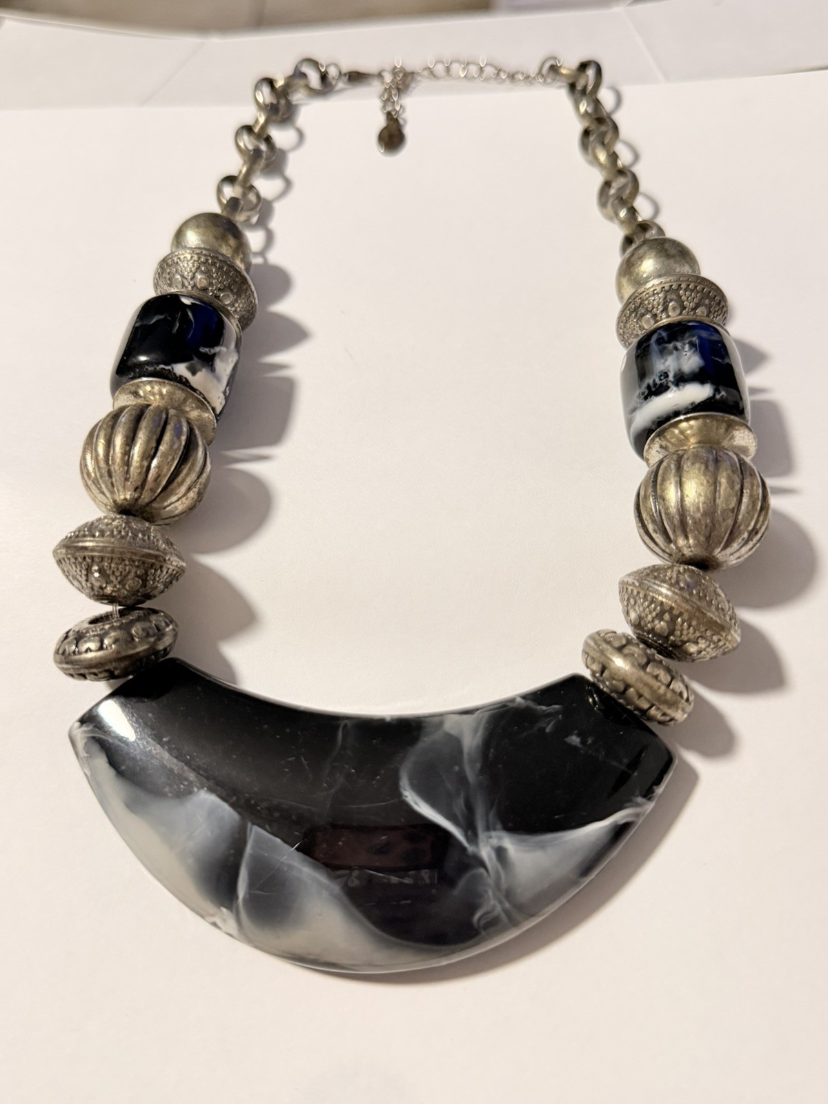 Vintage Chunky Black White Lucite Resin Half Moon Statement Necklace Collar