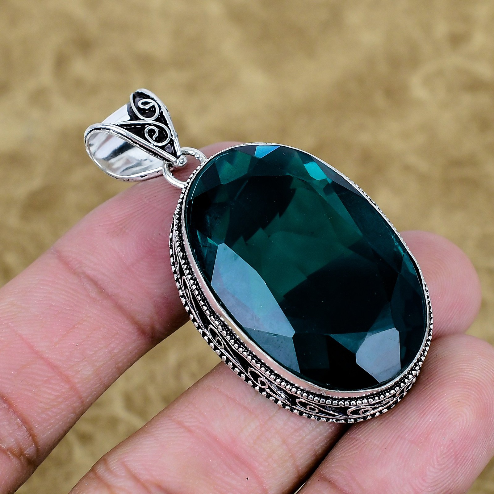 Apatite Quartz Gemstone Pendant 925 Sterling Silver Oval Vintage Jewelry For Her