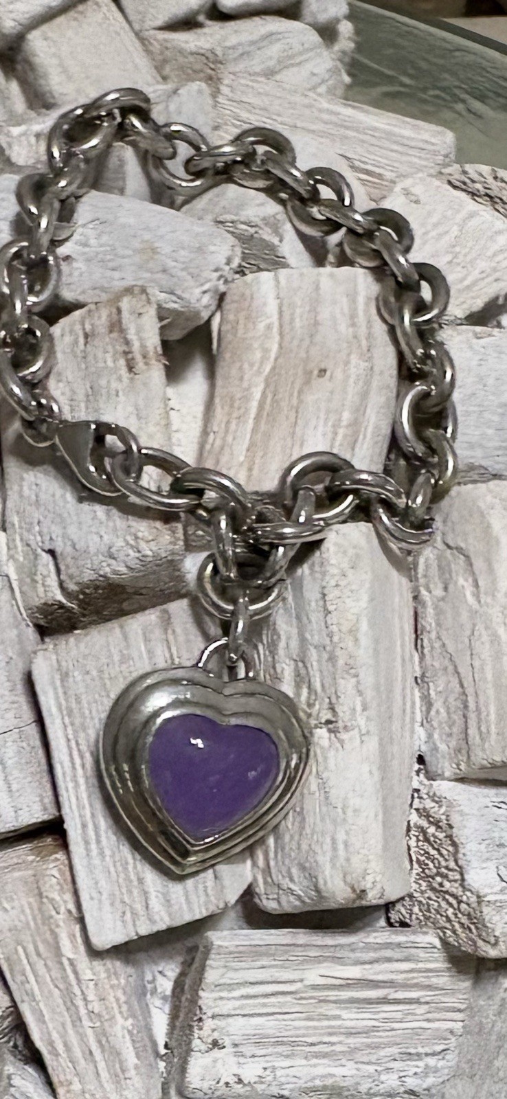 925 Sterling Silver Oval Link Charm Bracelet Toggle Heart Lavender Jade Signed
