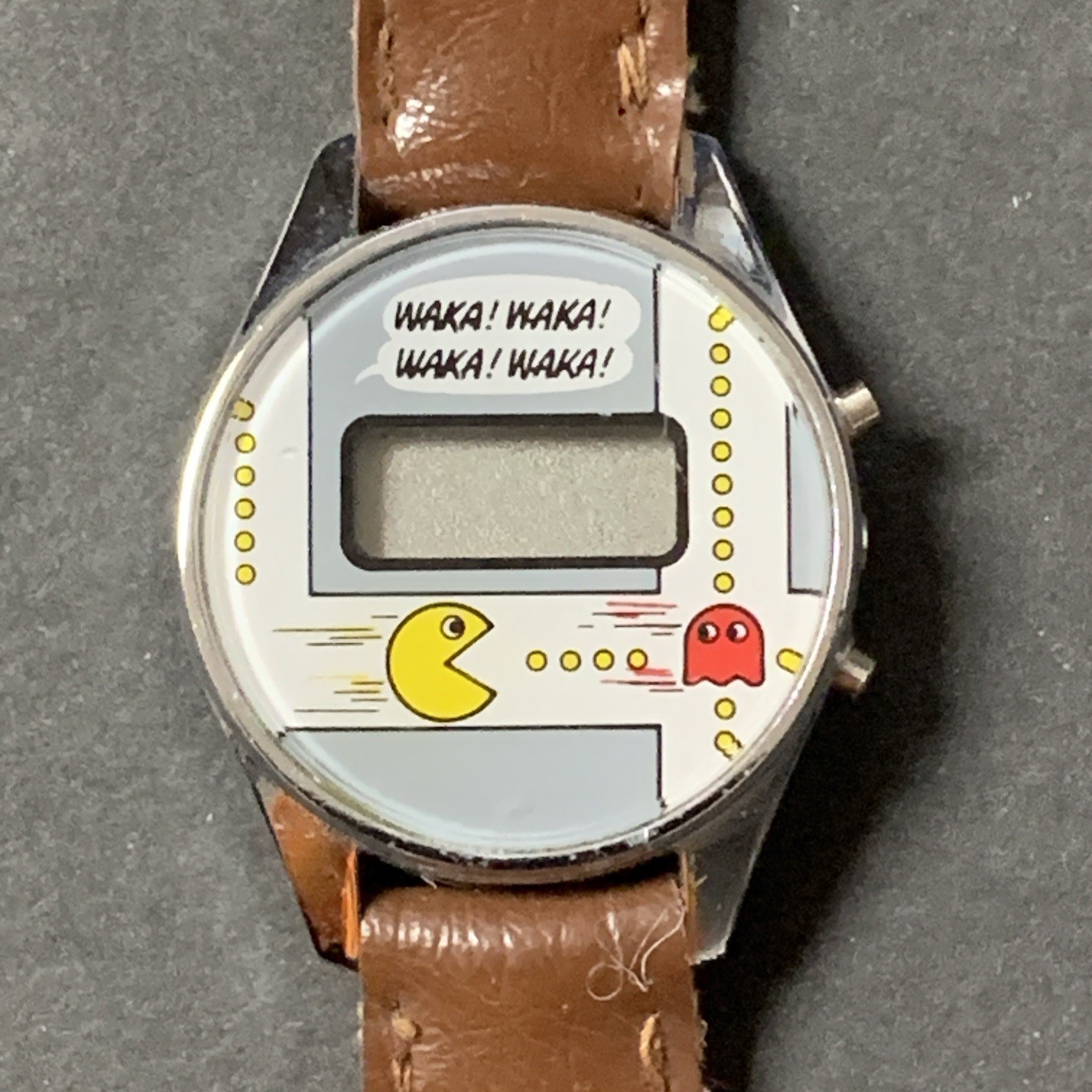 Vintage 80’s Pac-Man Watch w/Leather Band – Pac-Man & Blinky – Made in Hong Kong