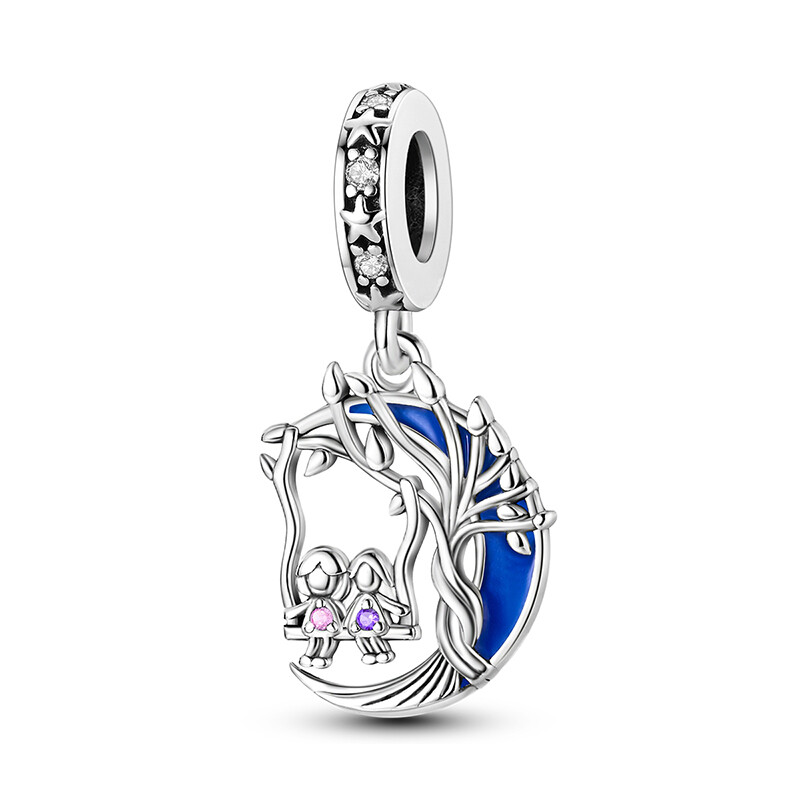 MULA European Silver Plated CZ Charm Enamel Swing and Moon For Women Bracelet