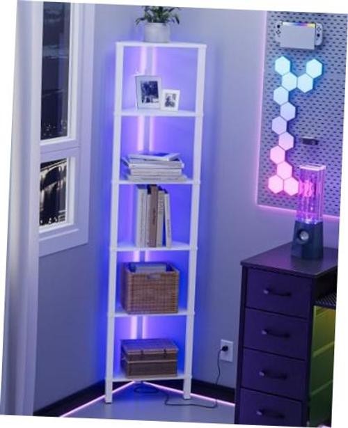 Corner Shelf with LED Light, 6-Tier Corner Bookshelf, 6-Tiers White With Lights