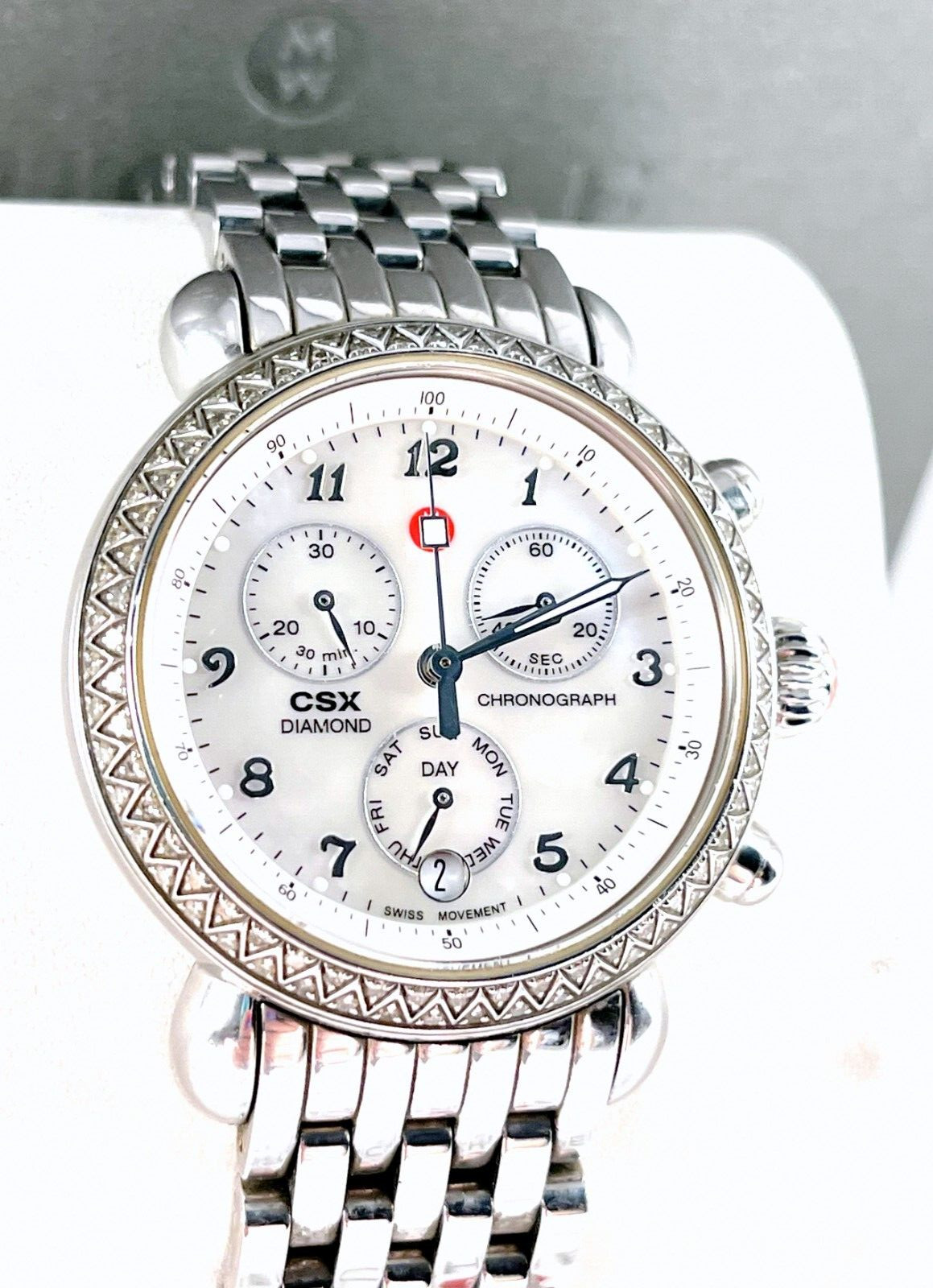 Michele CSX Diamond Chronograph Watch With SS Locking Band in Excellent Cond.