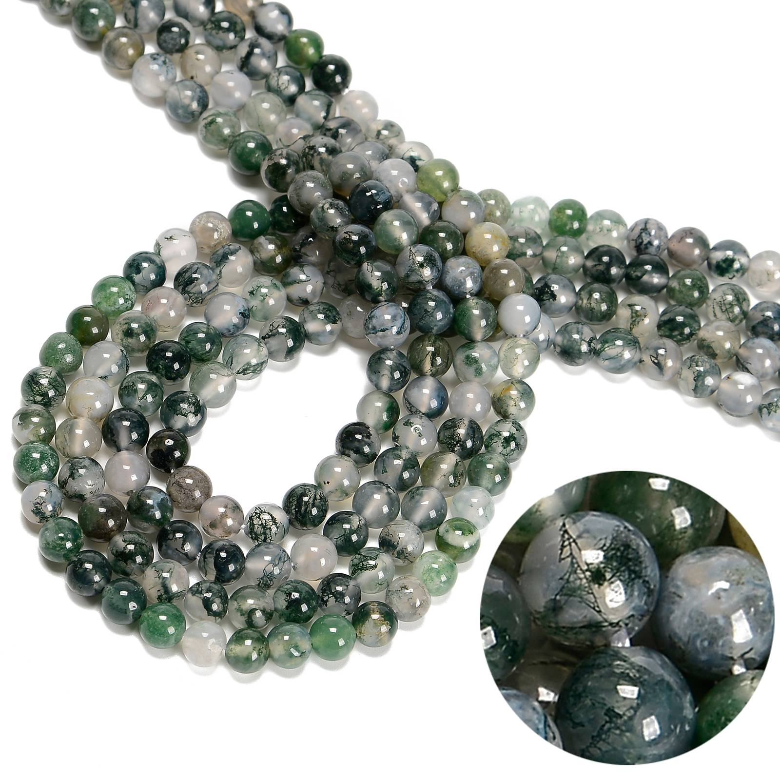 Green Moss Agate Smooth Round Beads 4mm 6mm 8mm 10mm Approx 15.5″ Strand