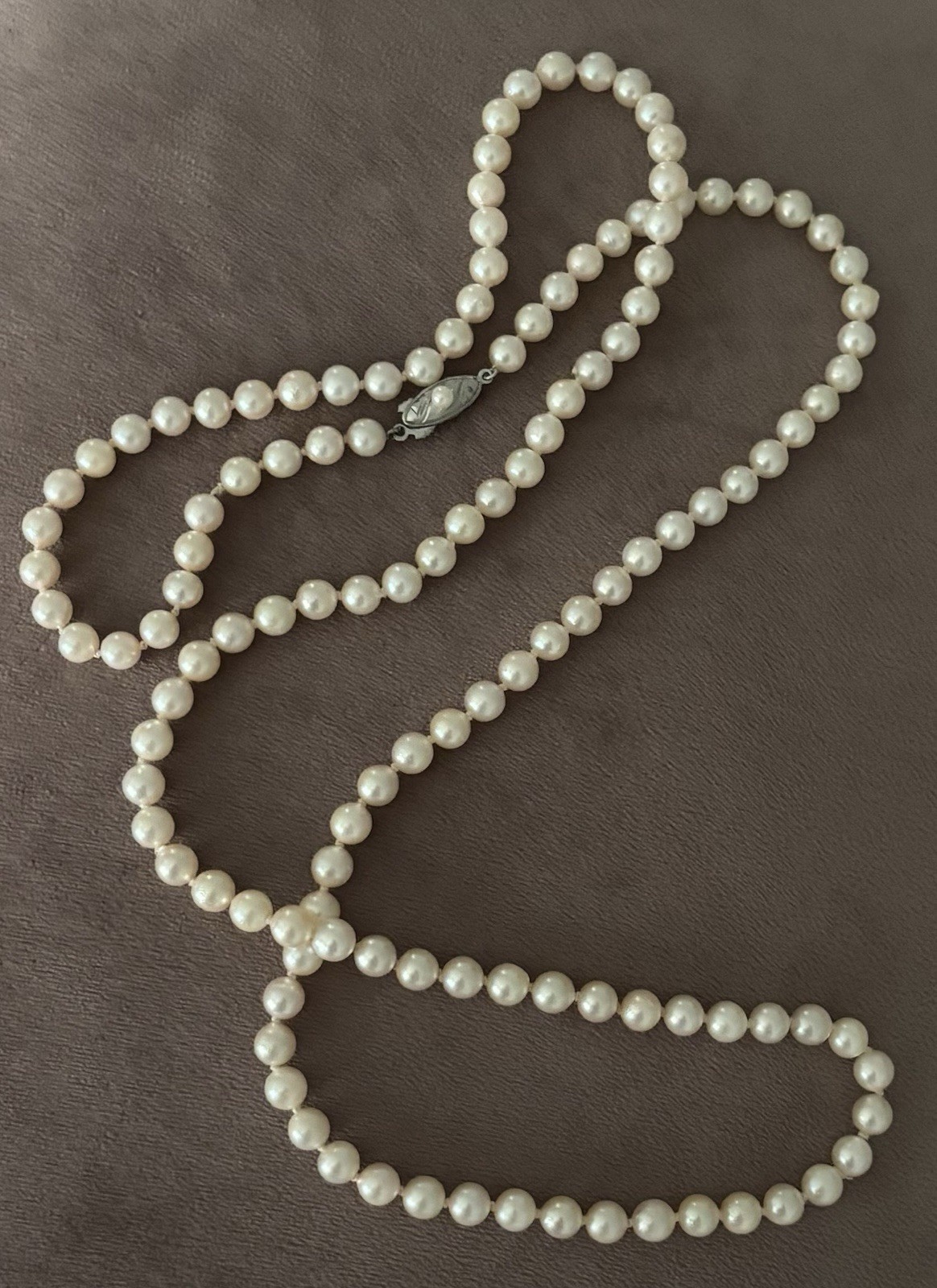 Vintage Akoya Pearl Necklace Silver Clasp 6mm 35” Opera Length Creamy Hue