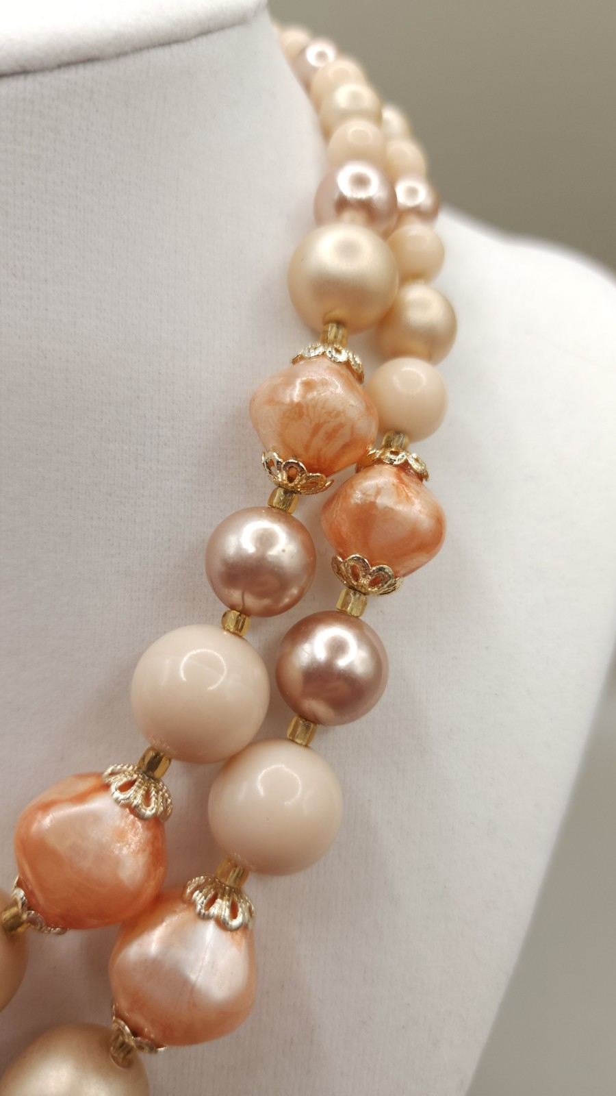 Vintage 1950s Japan Double Strand Bead Choker Necklace Peach Pink Faux Pearl MCM