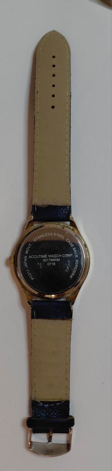 Accutime 3017MWM Quartz Analog Dress Watch Gold Tone Case Blue Leather 27mm