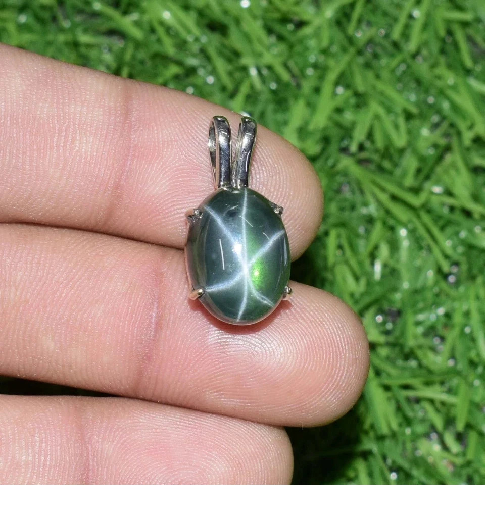 15 Ct Natural Oval 6 Rays Green Star Sapphire Gemstone Sterling Silver Pendant
