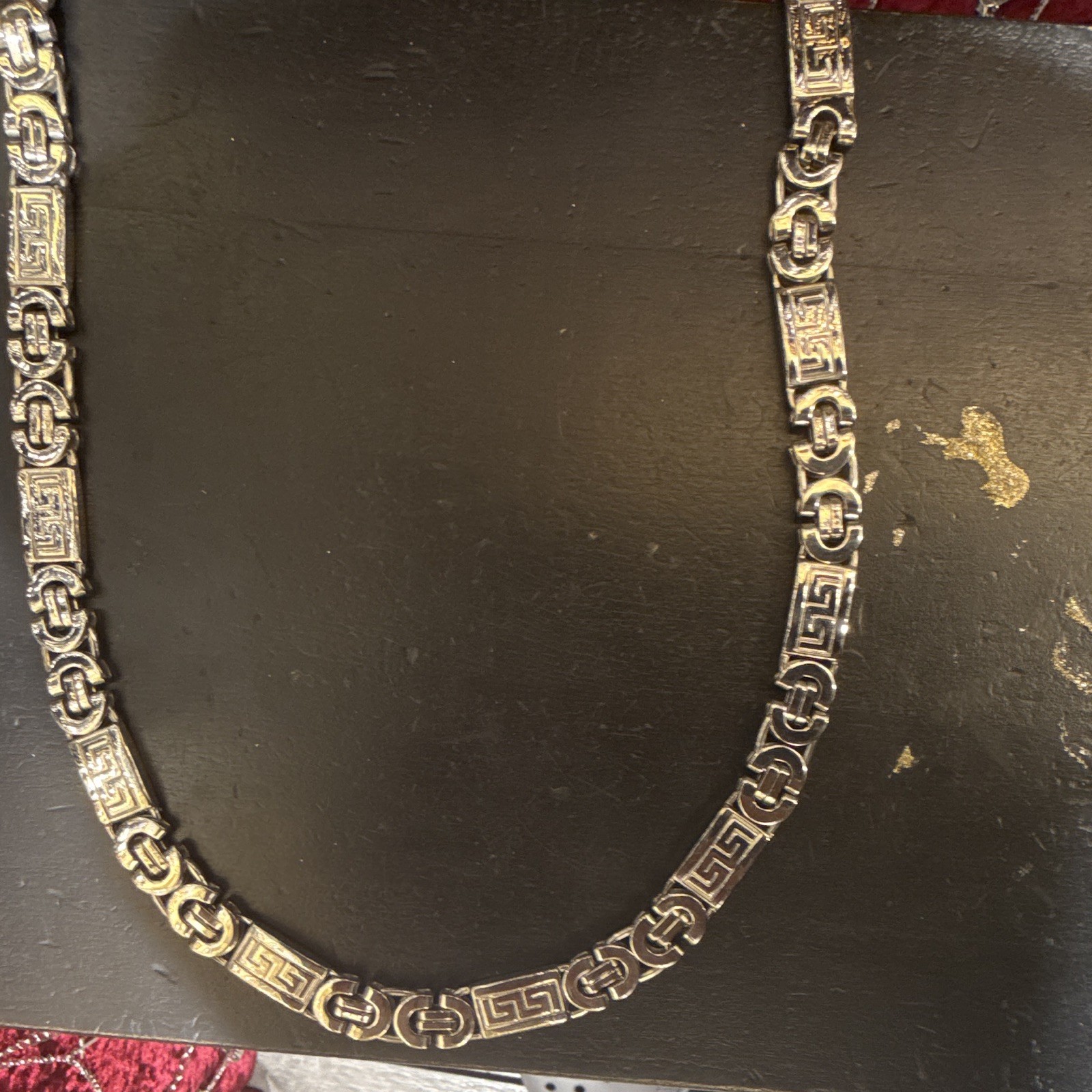 Silver Tone Greek Key Bar Link Chain Necklace with Lobster Clasp, No Stone