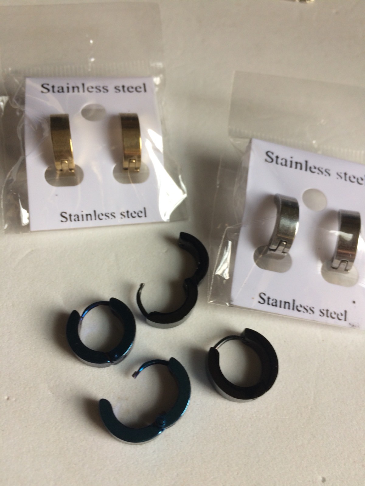 Ear Huggys Stainless Steel Hoop Earrings Black Or Blue Gold or Silver