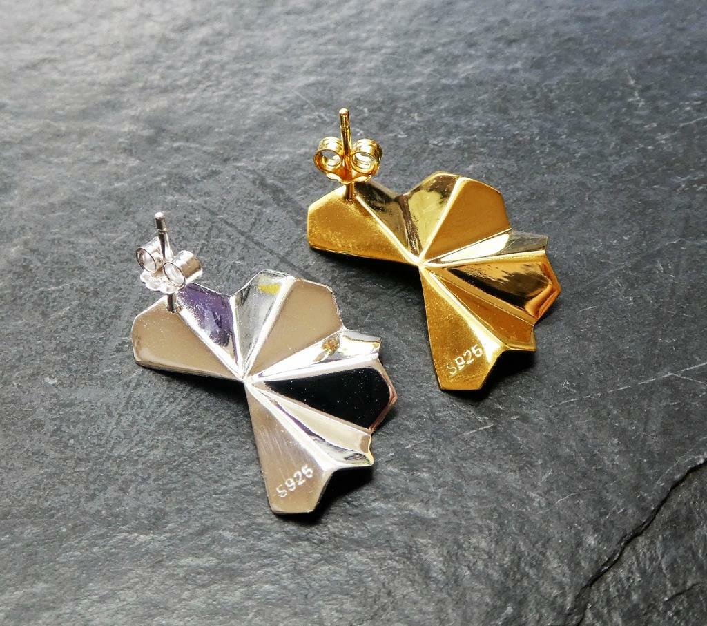 Gold Plated Sterling Silver Geometric Faceted Shapes Stud Earrings Modern Unique