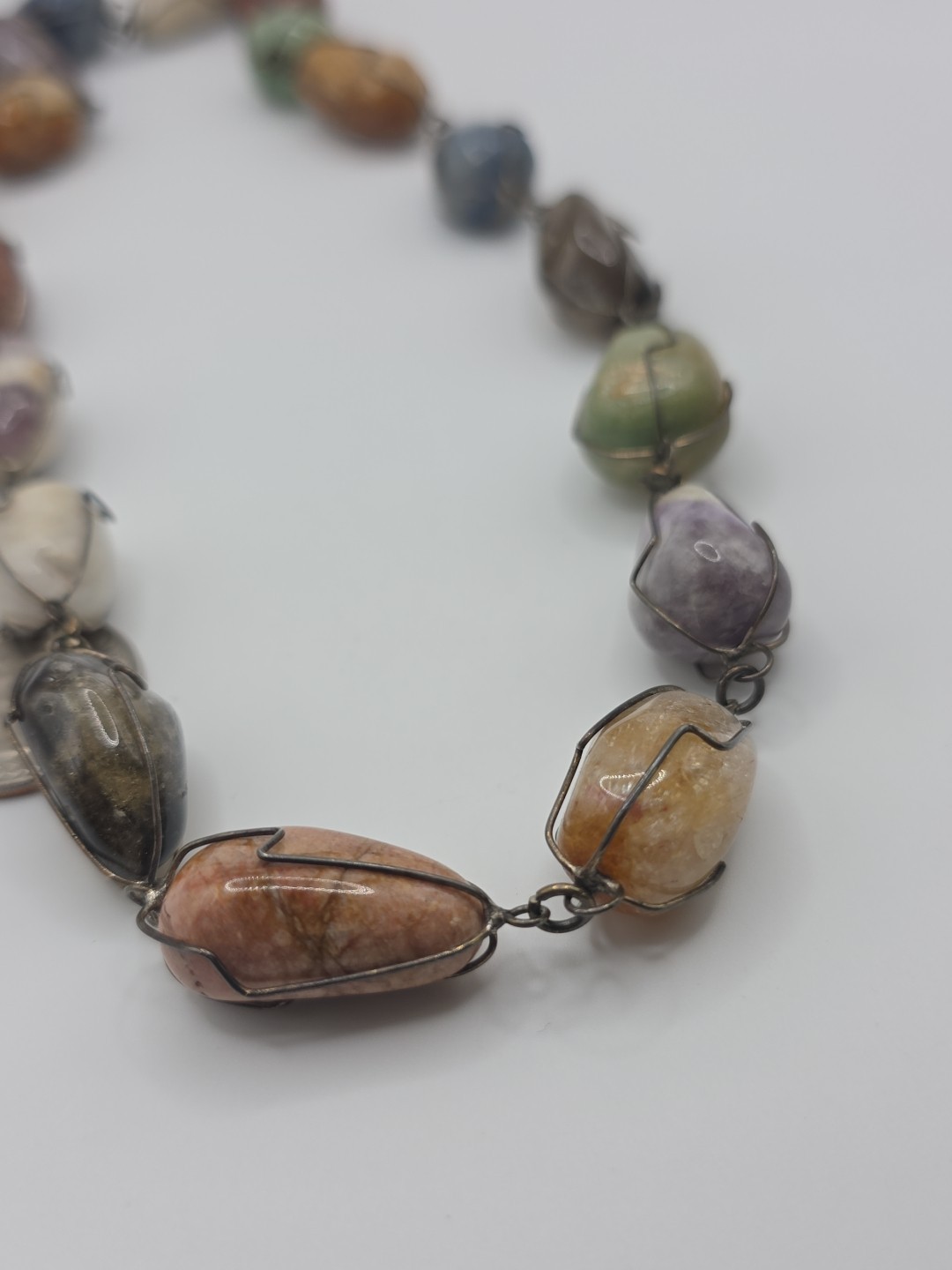 Vintage Sterling Silver 925 Tumbled Stones Wire Cage Necklace 20″ 114g