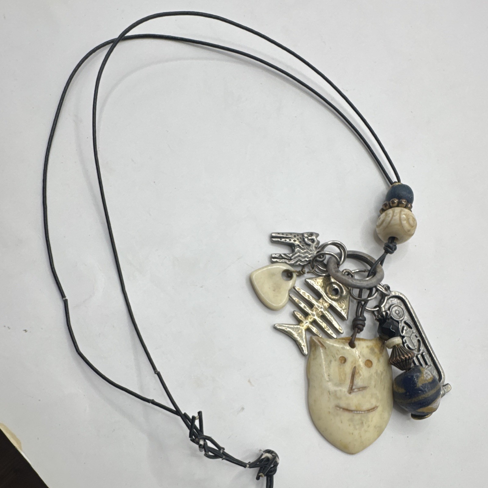 Handcrafted Bohemian Charm Pendant Necklace Ceramic Metal Cord Multicolor