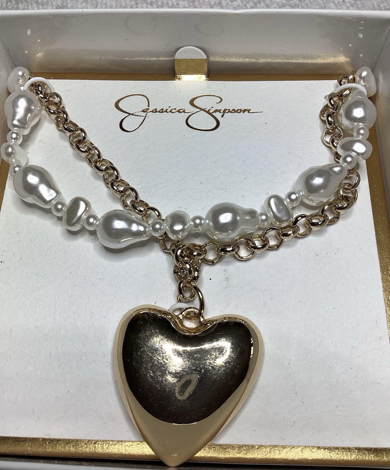 Jessica Simpson Layered Statement Necklace Faux Pearl Gold Tone Hearts New