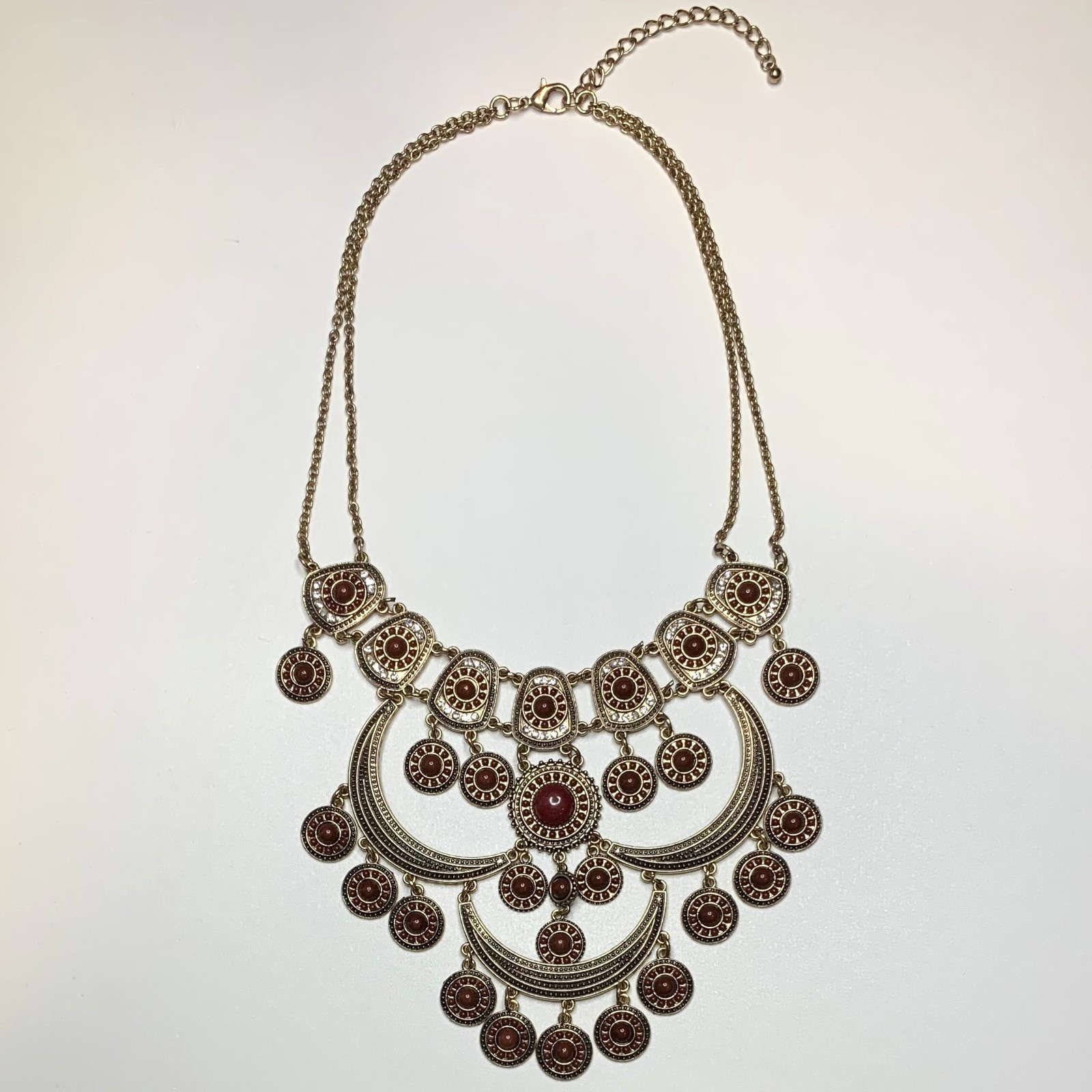 Boho Style Gold Tone Bib Statement Necklace Crescent Shapes w/ Maroon Medallions
