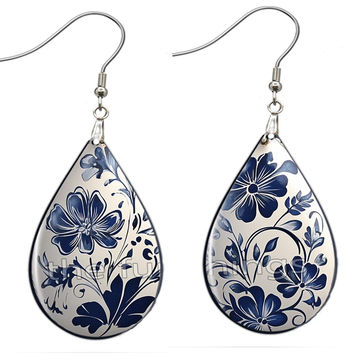 Floral Print Blue & White Delft Style Pattern Earrings Teardrop NO TARNISH Wood