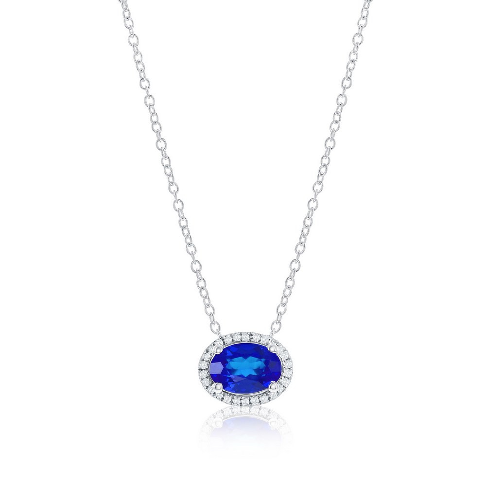 Sterling Silver Oval 1.00ct Lab-Grown Sapphire & 0.05ct Necklace Rhodium Plated
