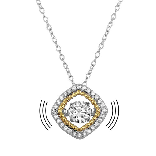 OPEN SQUARE NECKLACE PENDANT W/ DANCING CENTER STONE / 925 STERLING SILVER