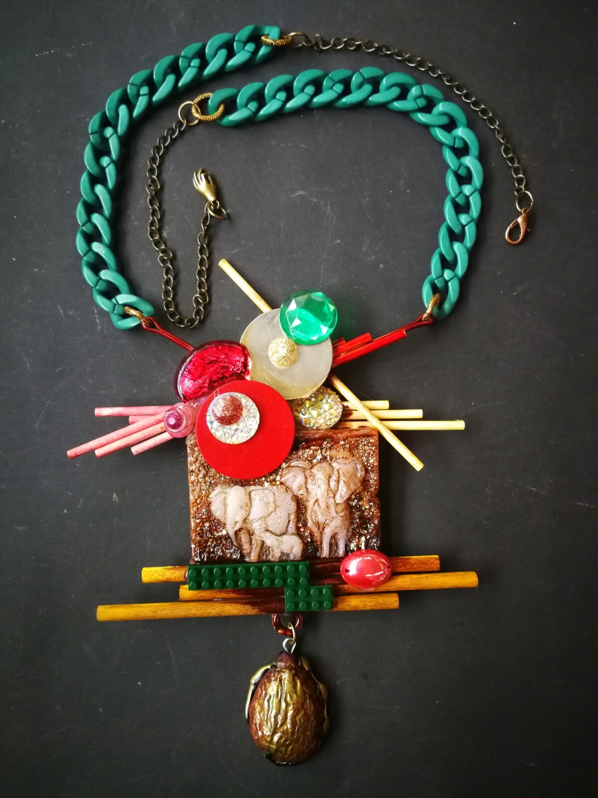 Vintage Assemblage Jewelry Necklace Pendant Luxury Elephant Animal Safari Savana
