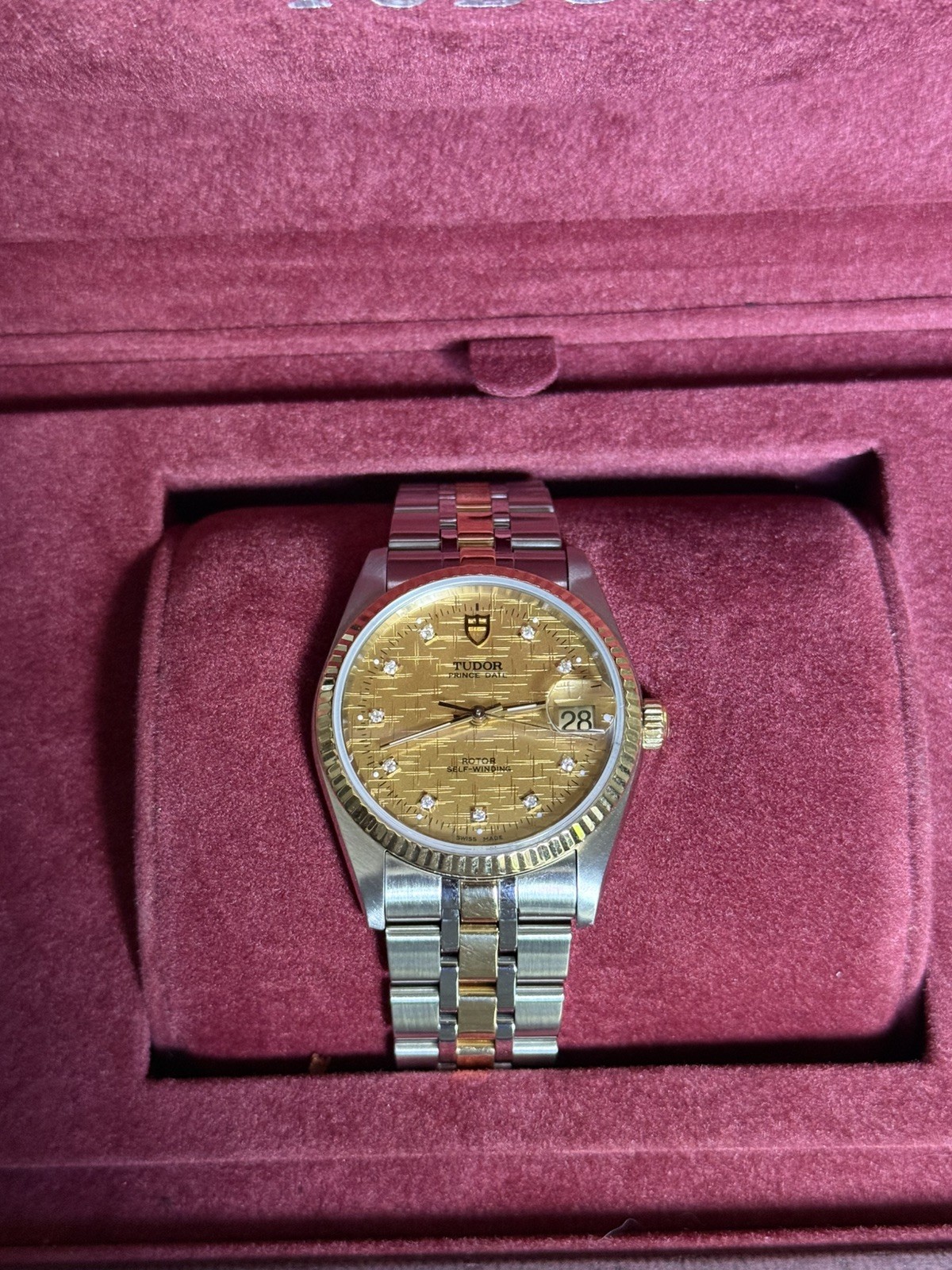 Tudor Prince Date 18K Gold & SS Gold Linen Diamond Dial Auto Watch 74033 w/ B&P
