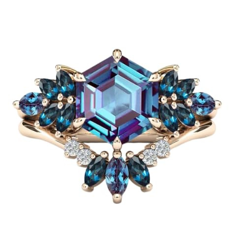2Pcs Hexagon Cut 925 Silver Cluster Engagement Ring Set for Women (Alexandrite)