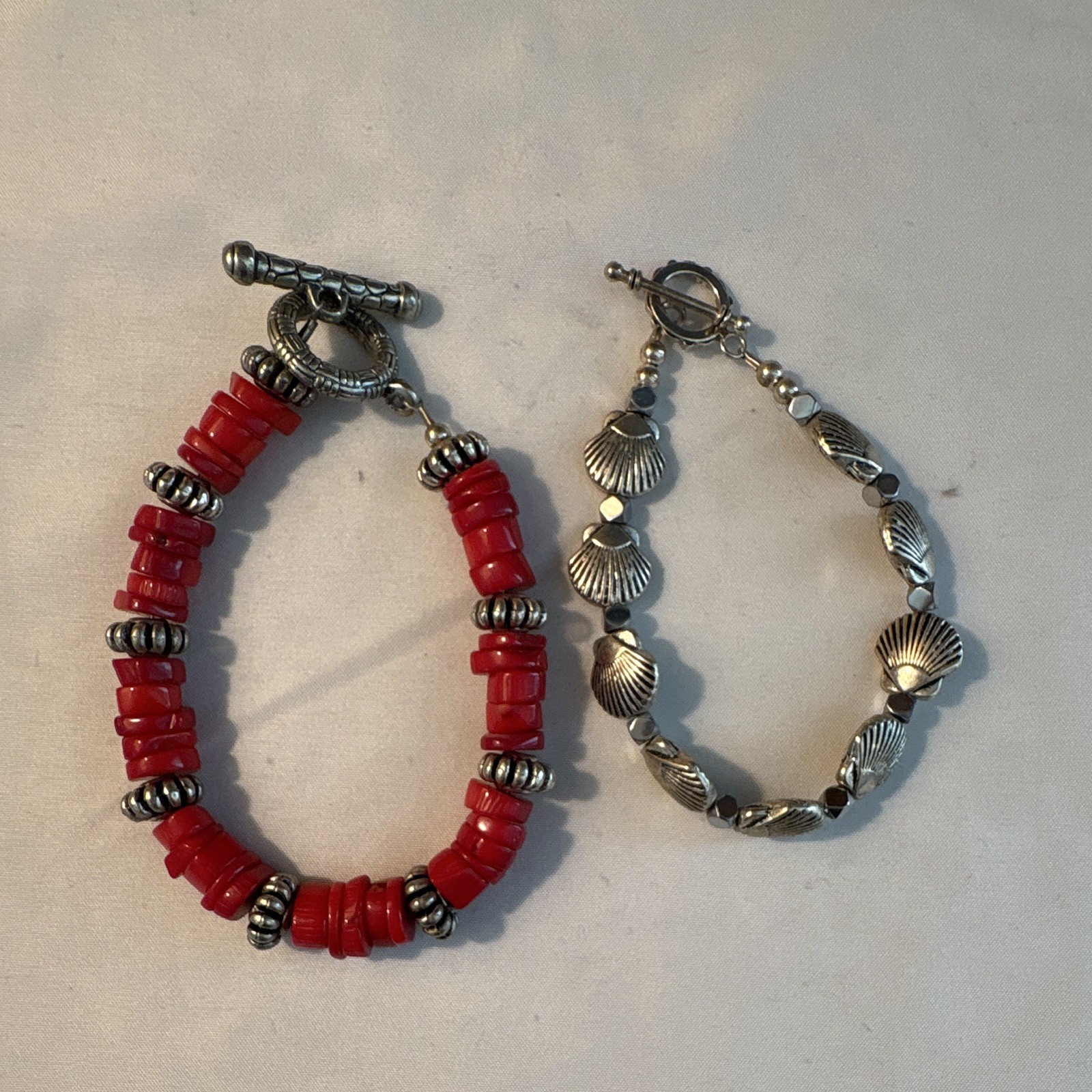 Lot of 2 Toggle Bracelets: Red Beaded & Silver Shell Charm 8-9in DIY supplies!