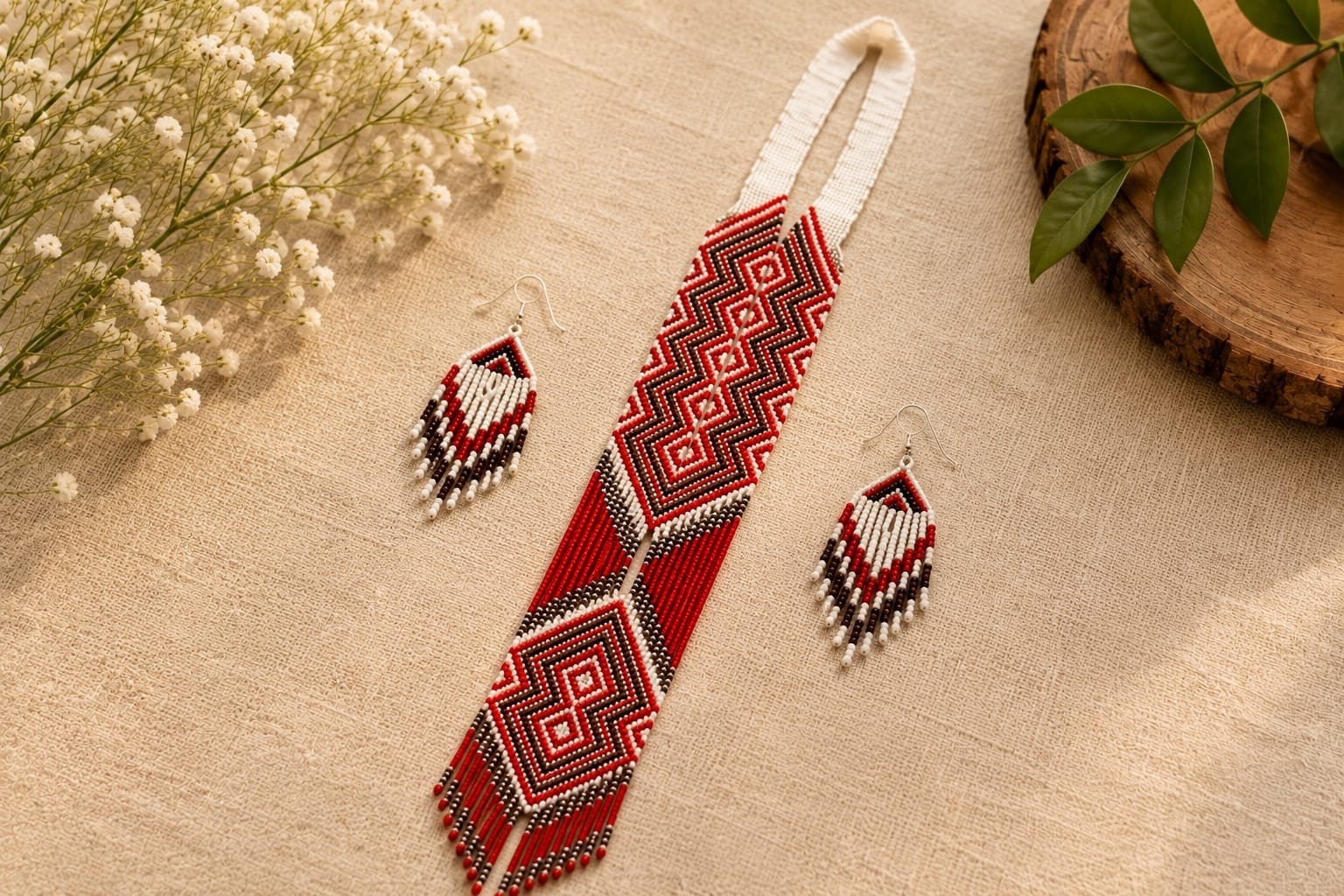 Handmade Strand Seed Bead Necklace Set with matching Fringe Earrings ,Boho gift