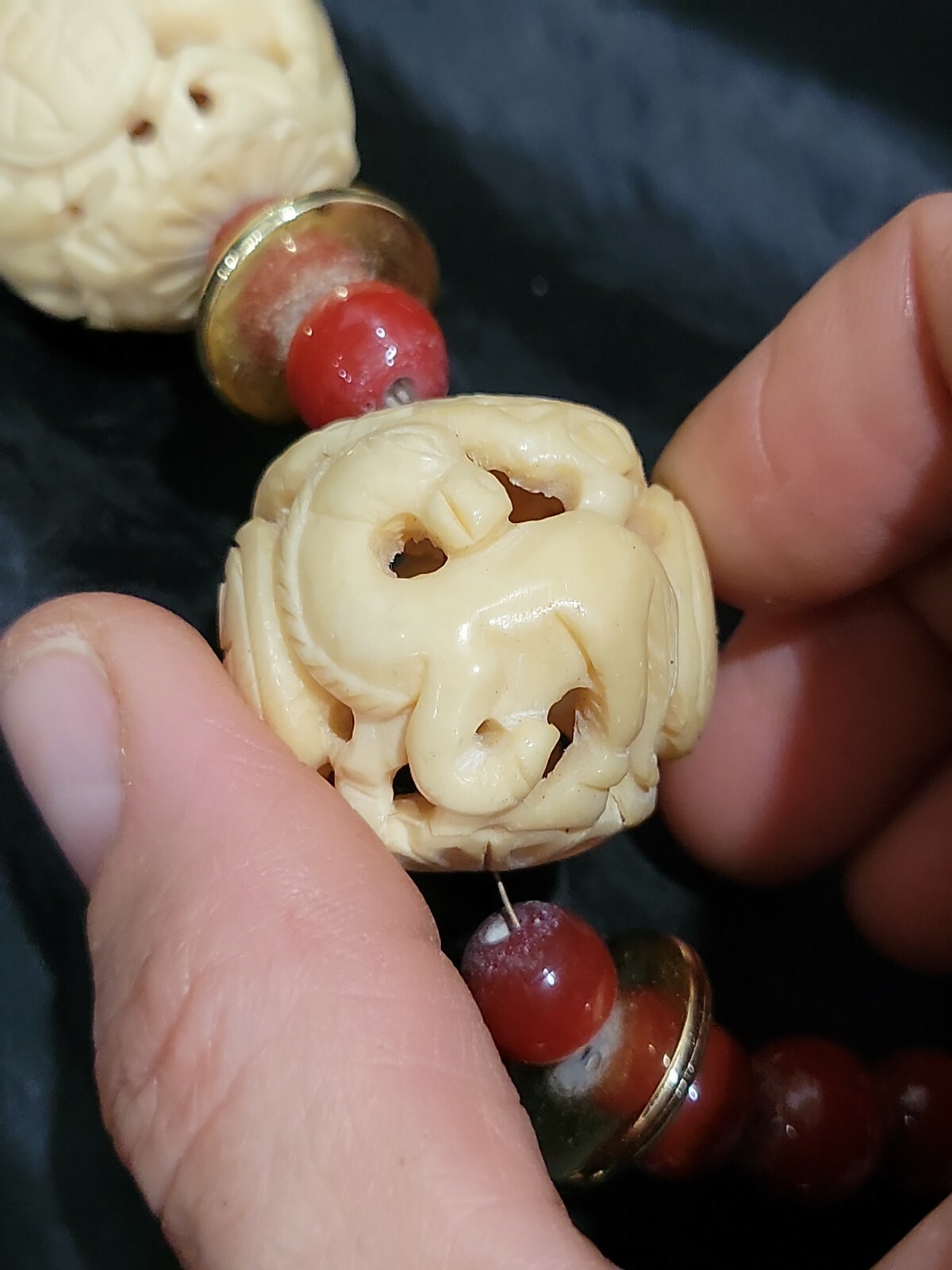 ANTIQUE CHINISE ZODIAC CARVED WATER BUFFALO BONE BEADS & RED STONE NECKLACE