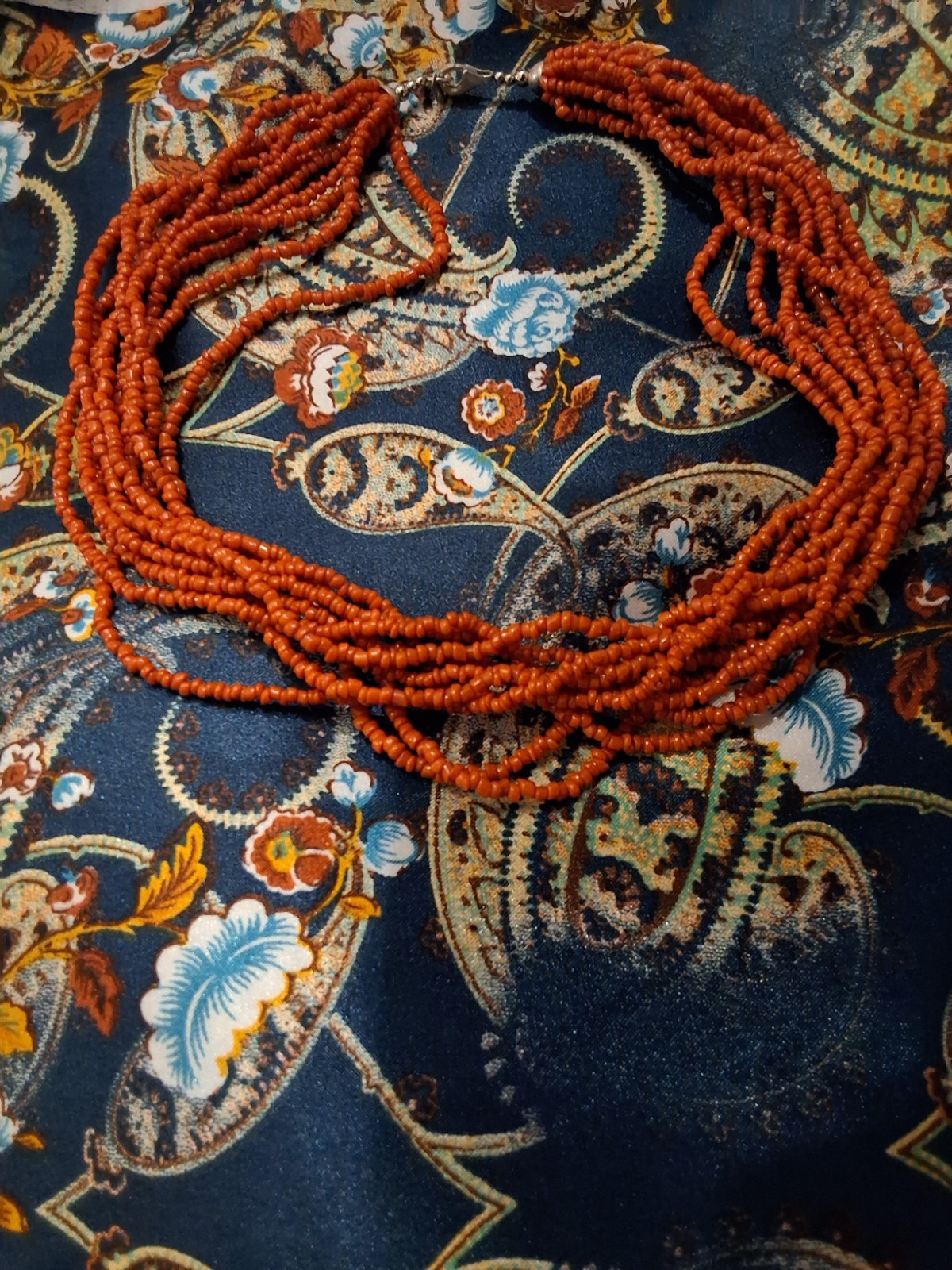 Multi-Strand Orange Heishi Beaded Statement Necklace, Adjustable Lobster Clasp