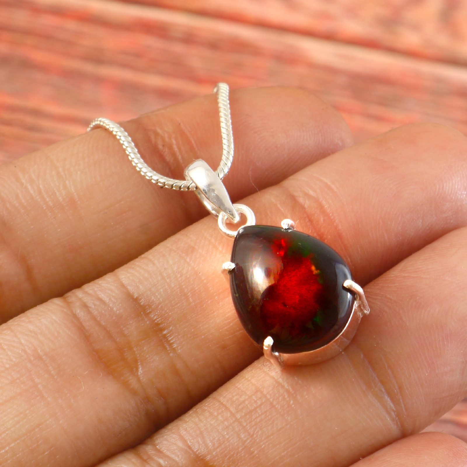 Vintage Style Black Opal Pendant Oval Silver Necklace Women’s Jewelry3303