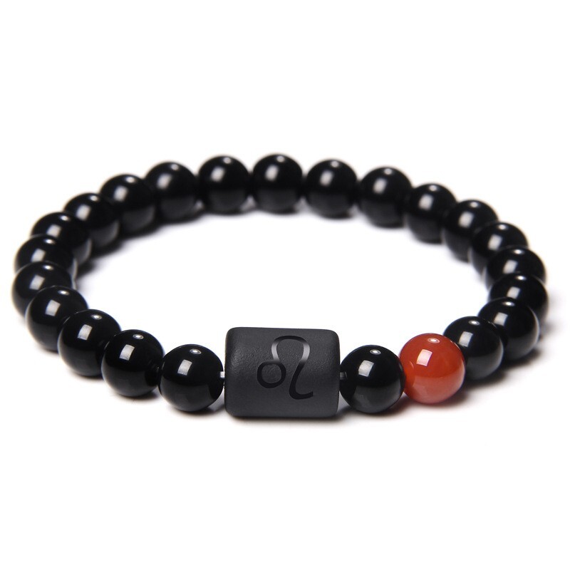 Zodiac Sign Natural Black Stone Beaded Elastic Stylish Bracelet Astrological