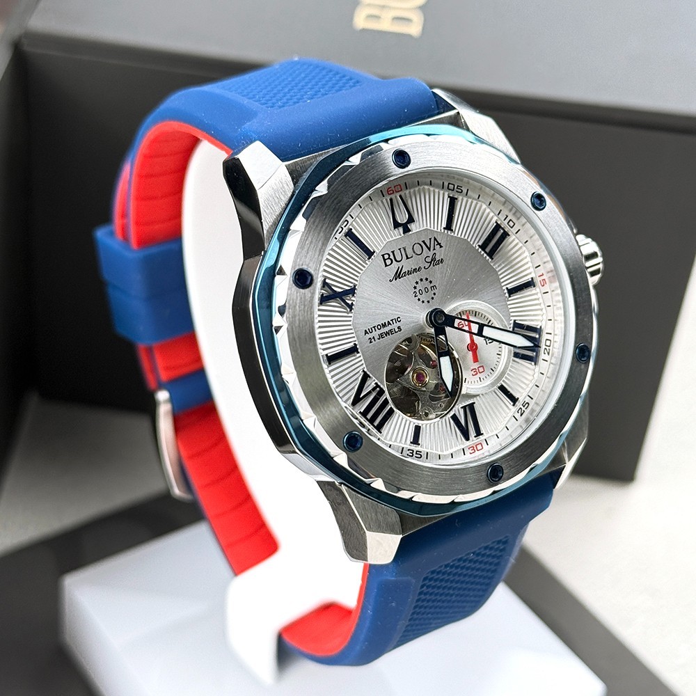 Bulova Men’s Marine Star White Dial Rubber Strap Automatic Watch 98A225