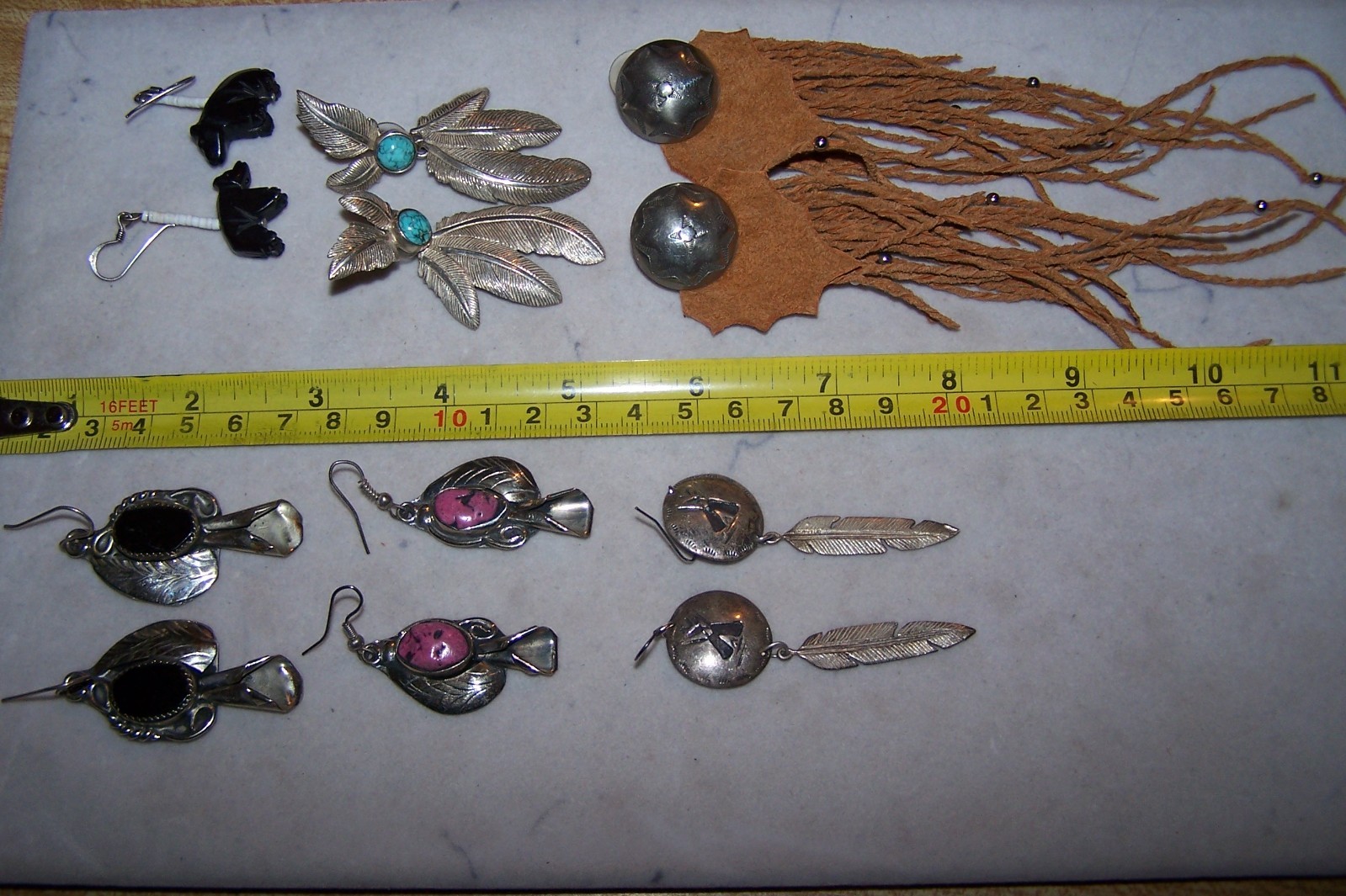 Southwestern Nickle Silver Stone Fetish Feather Squash Blossom Earrings Lot of 6