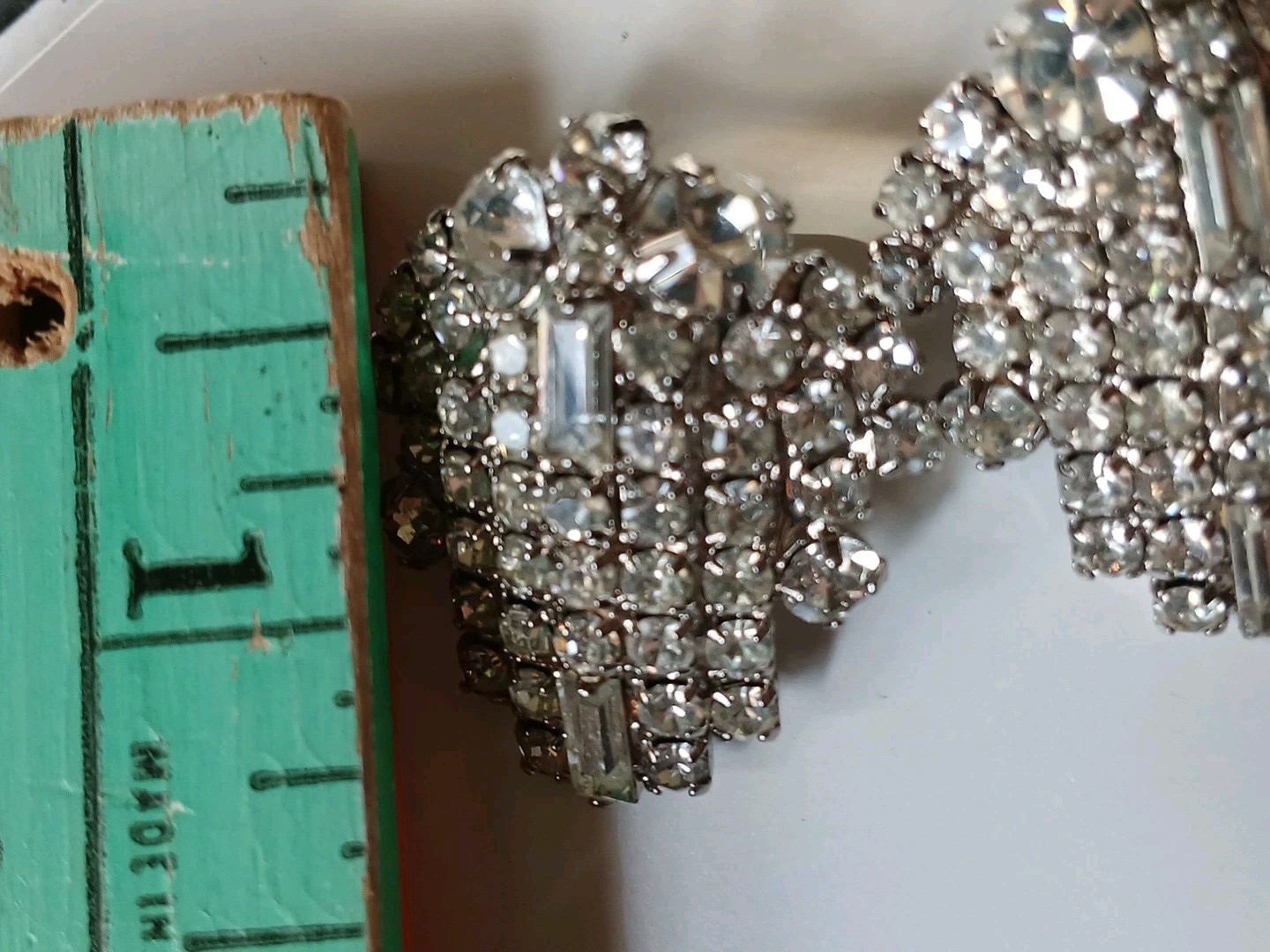 VTG Unsigned Designer Earrings ClipOn Clear Rhinestones Prong Set Art Deco Style
