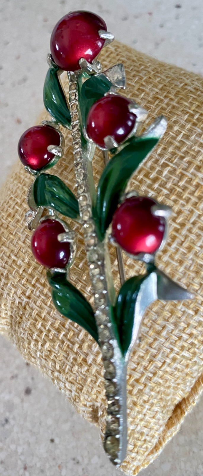 Vintage Holly Berry Rhinestone Brooch Red Cabochon Green Enamel Silver Tone Pin