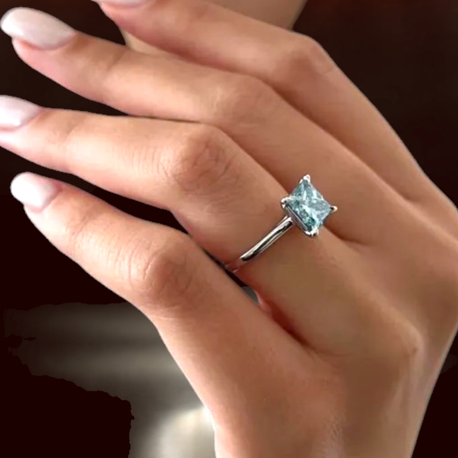 Lab Created Fancy Vivid Blue Women Diamond Ring Princess 2.00 Ct 14K White Gold